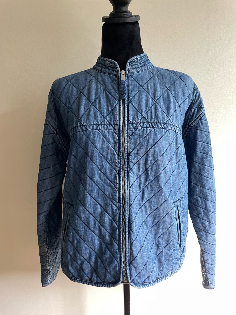 GAP Quilted Chambray Lyocell Jacket Blue Zip Front Lightweight Coat S